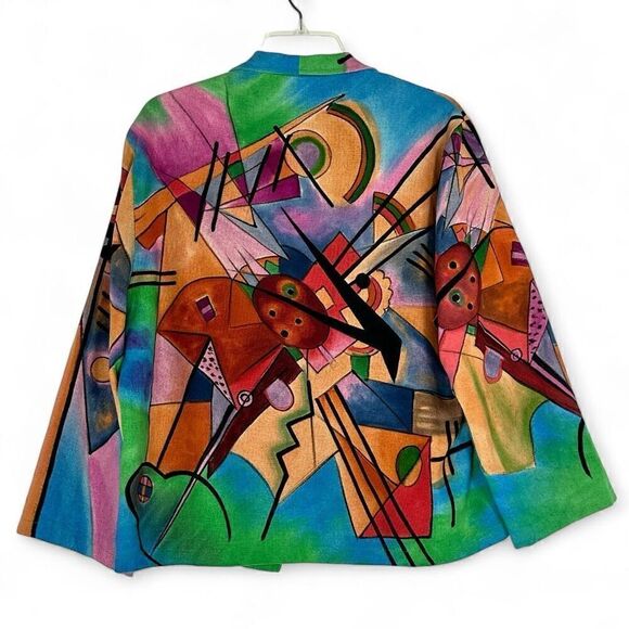 Vtg 90s Dilemma Dhun Schroff 100% Silk Abstract Cubism Art Wear Open Blazer OS - Picture 2 of 13